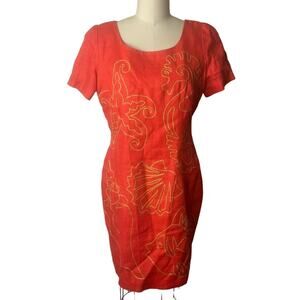 Vintage Santa Fe By Jim Tremslay Orange Linen Dress w Gold Sea Creatures Size 12
